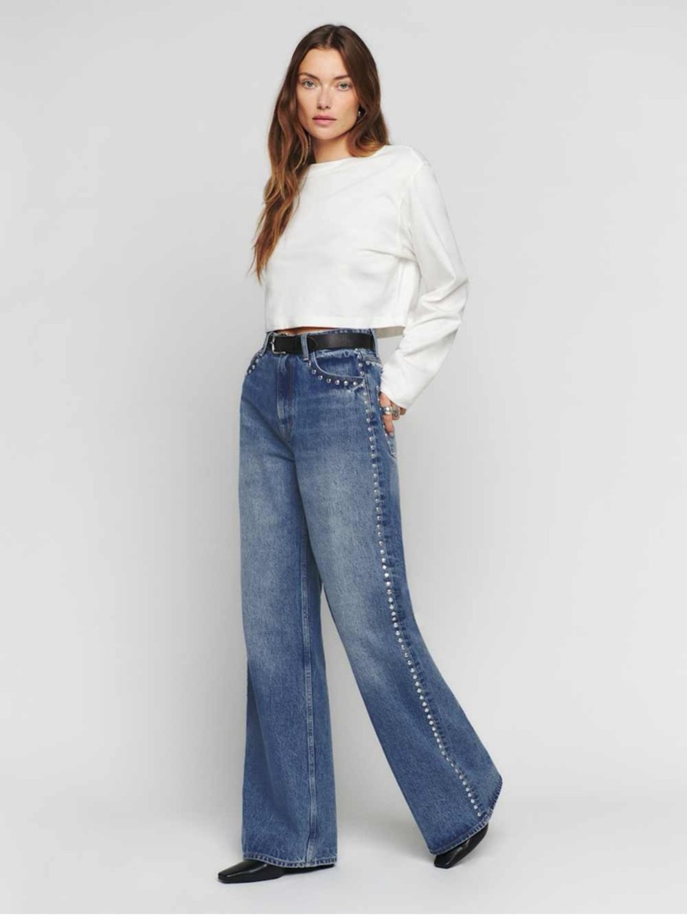 Reformation Blue Stud-Trim Wide Leg Jeans
